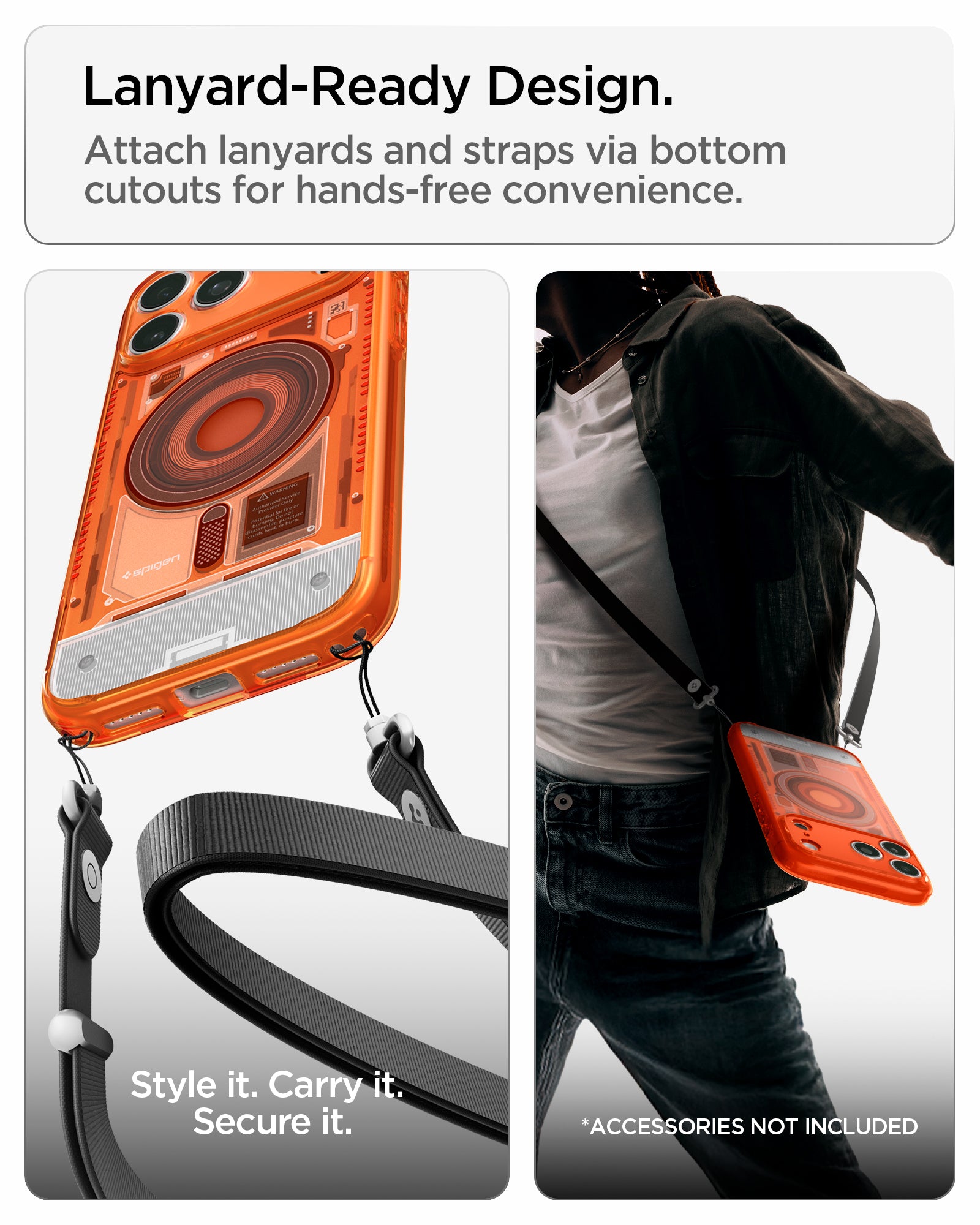 ACS11757 - iPhone 18 Pro / iPhone 17 Pro Ultra Hybrid C-One (Mag Fit) Tangerine showing built-in bottom cutouts for attaching lanyards and straps for hands-free carrying