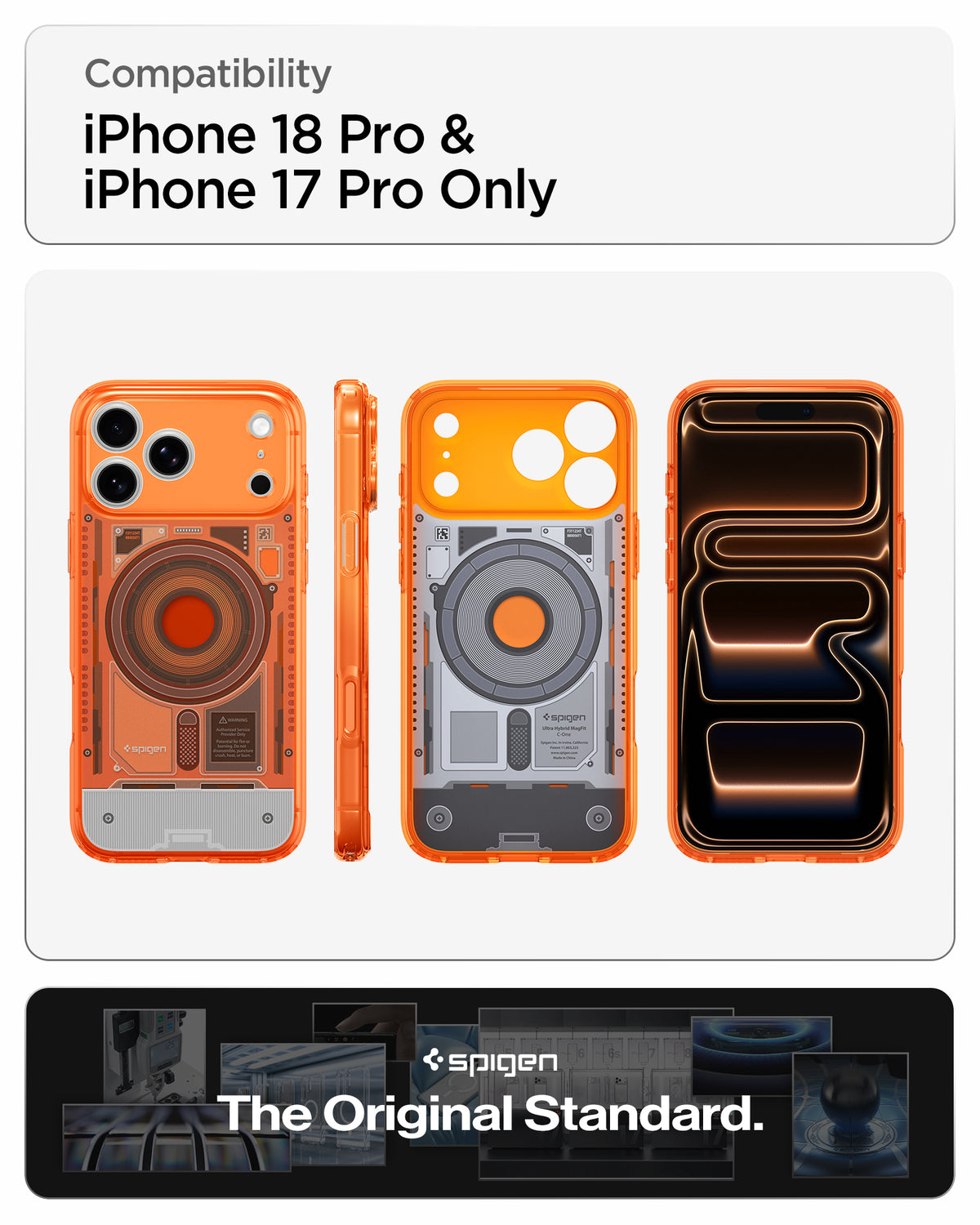 ACS11757 - iPhone 18 Pro / iPhone 17 Pro Ultra Hybrid C-One (Mag Fit) Tangerine showing front back and side views highlighting the translucent teardown-inspired design