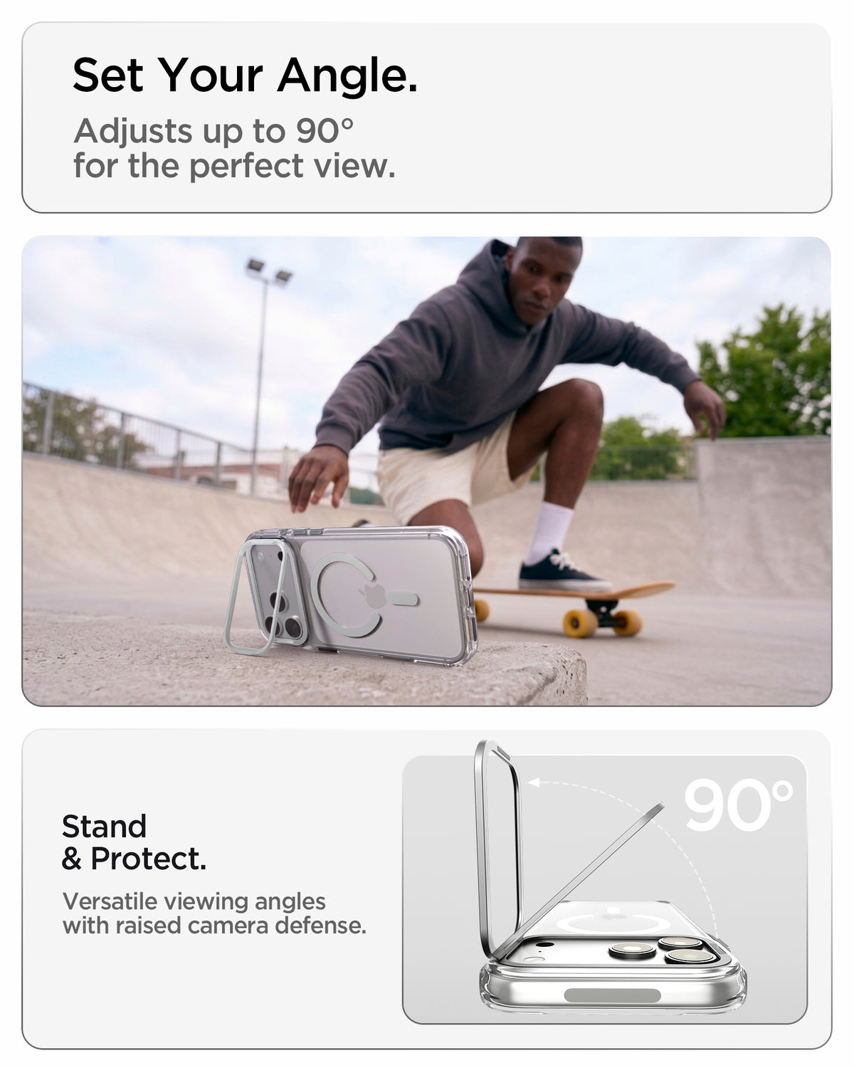 ACS11921 - iPhone 18 Pro / iPhone 17 Pro Ultra Hybrid Optik S (Mag Fit) Clear Silver showing the case propped horizontally with the camera ring stand for hands-free viewing