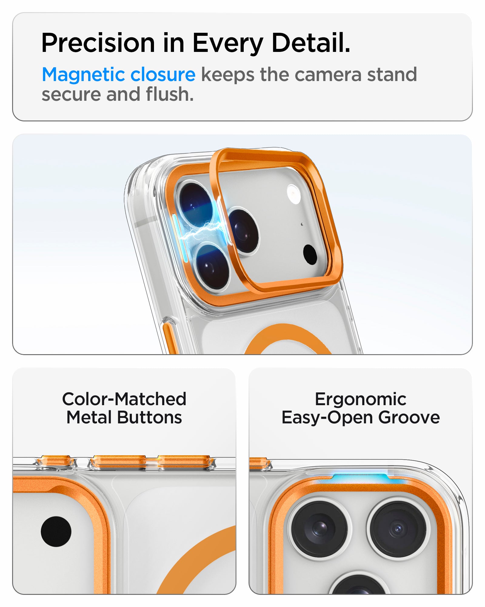 ACS11923 - iPhone 18 Pro / iPhone 17 Pro Ultra Hybrid Optik S (Mag Fit) Clear Orange showing a magnetic camera ring closure, metal buttons, and an easy-open groove