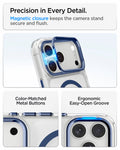 ACS11922 - iPhone 18 Pro / iPhone 17 Pro Ultra Hybrid Optik S (Mag Fit) Clear Deep Blue showing a magnetic camera ring closure, metal buttons, and an easy-open groove