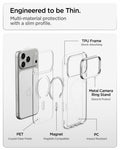 ACS11921 - iPhone 18 Pro / iPhone 17 Pro Ultra Hybrid Optik S (Mag Fit) Clear Silver showing an exploded view of the multi-material case construction with camera ring stand and magnetic components