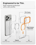 ACS11923 - iPhone 18 Pro / iPhone 17 Pro Ultra Hybrid Optik S (Mag Fit) Clear Orange showing an exploded view of the multi-material case construction with camera ring stand and magnetic components