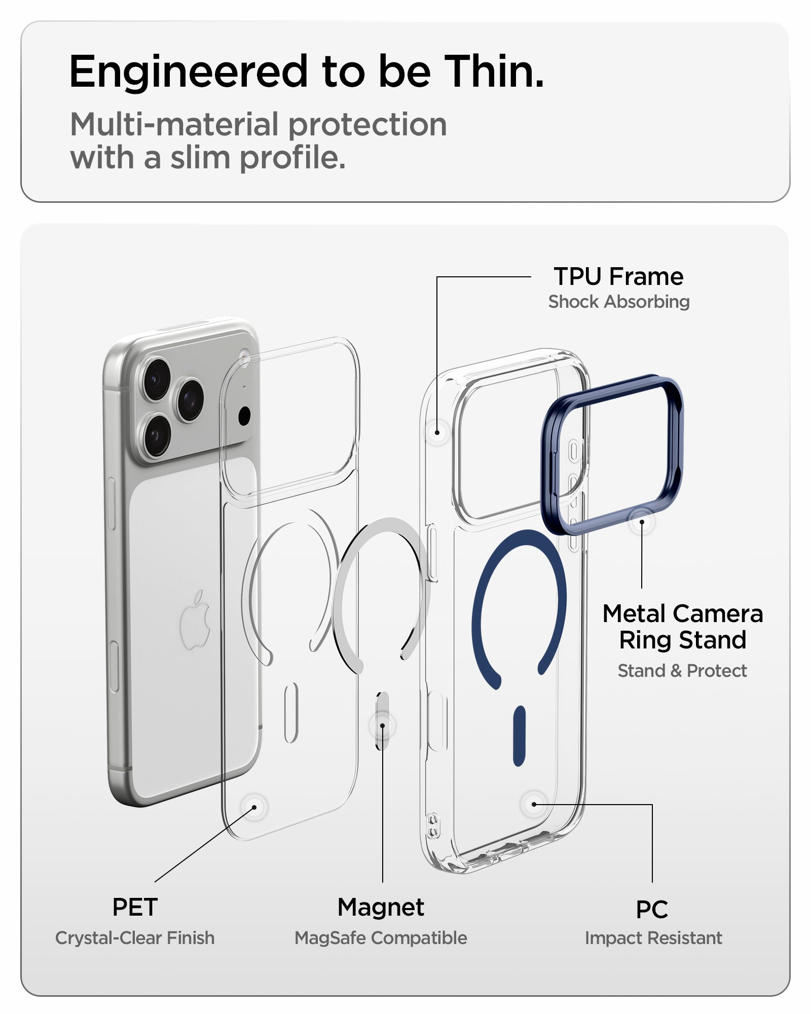 ACS11922 - iPhone 18 Pro / iPhone 17 Pro Ultra Hybrid Optik S (Mag Fit) Clear Deep Blue showing an exploded view of the multi-material case construction with camera ring stand and magnetic components
