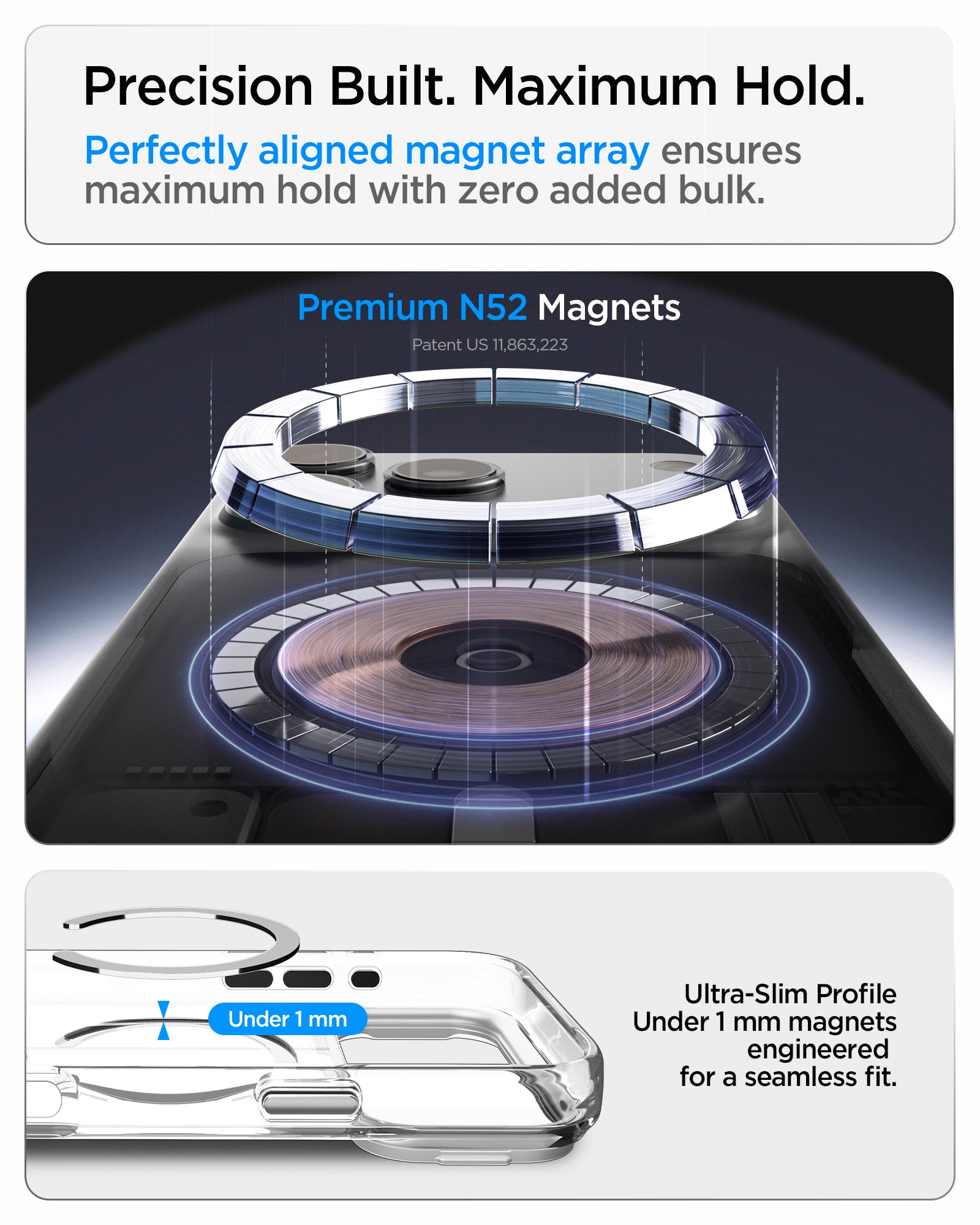 ACS11921 - iPhone 18 Pro / iPhone 17 Pro Ultra Hybrid Optik S (Mag Fit) Clear Silver showing a premium magnet array and ultra-slim magnetic construction under 1 mm