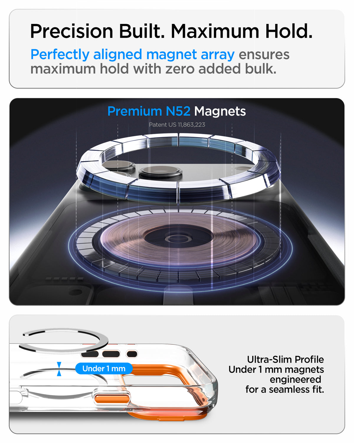 ACS11923 - iPhone 18 Pro / iPhone 17 Pro Ultra Hybrid Optik S (Mag Fit) Clear Orange showing a premium magnet array and ultra-slim magnetic construction under 1 mm