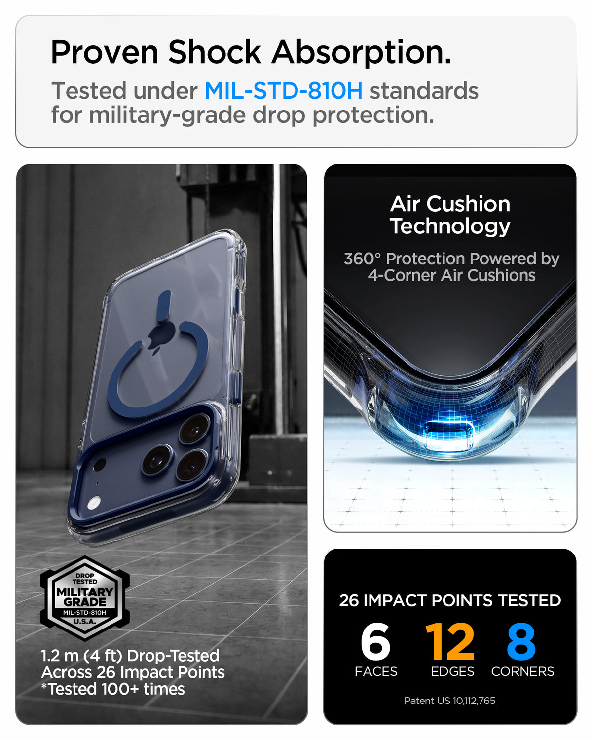 ACS11922 - iPhone 18 Pro / iPhone 17 Pro Ultra Hybrid Optik S (Mag Fit) Clear Deep Blue showing military-grade drop protection with reinforced Air Cushion corners and multiple impact test points