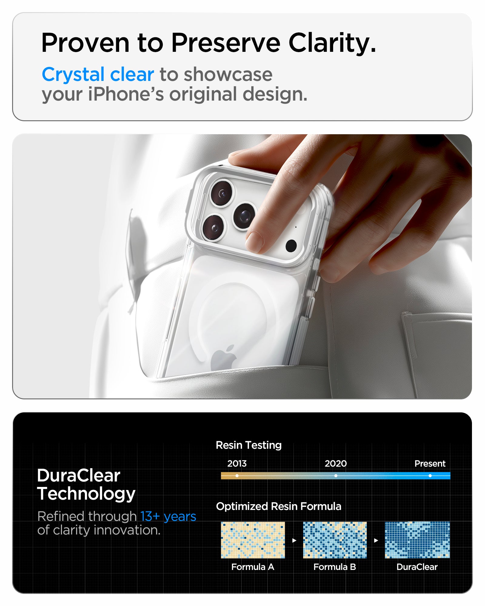ACS11921 - iPhone 18 Pro / iPhone 17 Pro Ultra Hybrid Optik S (Mag Fit) Clear Silver showing a crystal-clear case finish and long-term resin clarity testing technology