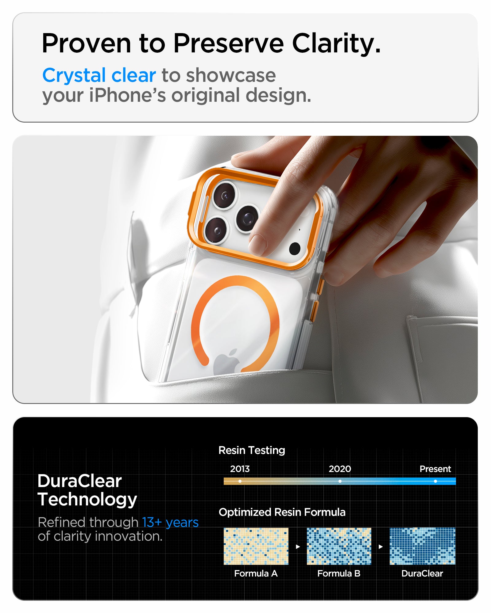 ACS11923 - iPhone 18 Pro / iPhone 17 Pro Ultra Hybrid Optik S (Mag Fit) Clear Orange showing a crystal-clear case finish and long-term resin clarity testing technology
