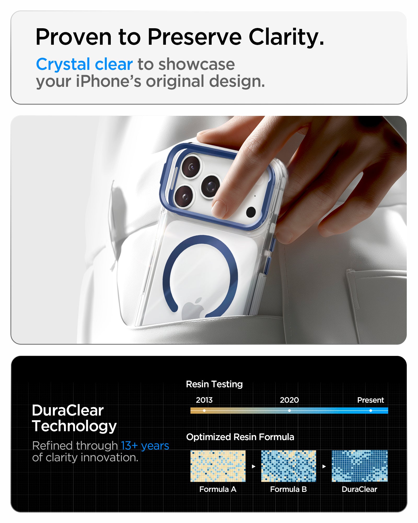 ACS11922 - iPhone 18 Pro / iPhone 17 Pro Ultra Hybrid Optik S (Mag Fit) Clear Deep Blue showing a crystal-clear case finish and long-term resin clarity testing technology