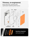 ACS10471CA - iPhone 18 Pro / iPhone 17 Pro Ultra Hybrid T (Mag Fit) in Glossy Orange showing an exploded view of layered materials including magnets, rigid panels, and shock-absorbing edges