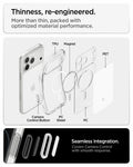  ACS10077 - iPhone 17 Pro Ultra Hybrid T (MagFit) in Glossy White showing an exploded view of layered materials including magnets, rigid panels, and shock-absorbing edges