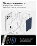 ACS10470CC - iPhone 17 Pro Ultra Hybrid T (MagFit) in Matte Blue showing an exploded view of layered materials including magnets, rigid panels, and shock-absorbing edges