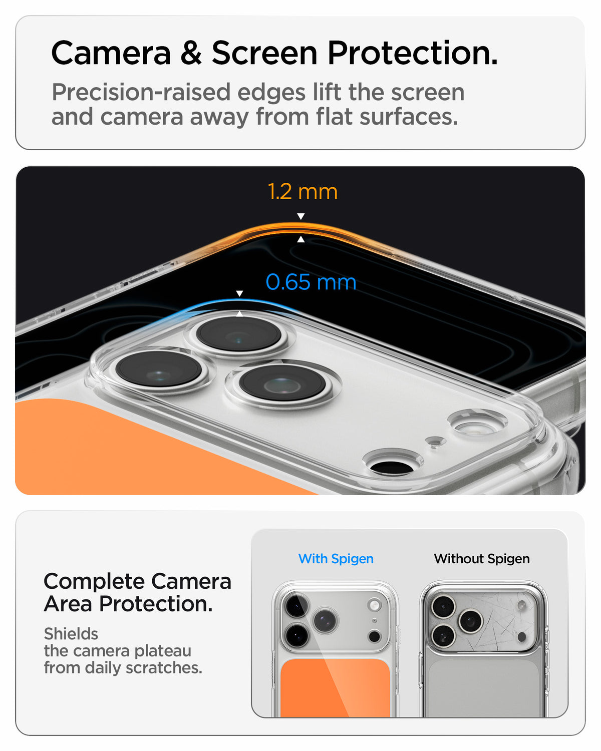ACS10471CA - iPhone 18 Pro / iPhone 17 Pro Ultra Hybrid T (Mag Fit) in Glossy Orange showing raised edges around the screen and camera area for added protection against scratches and surface contact