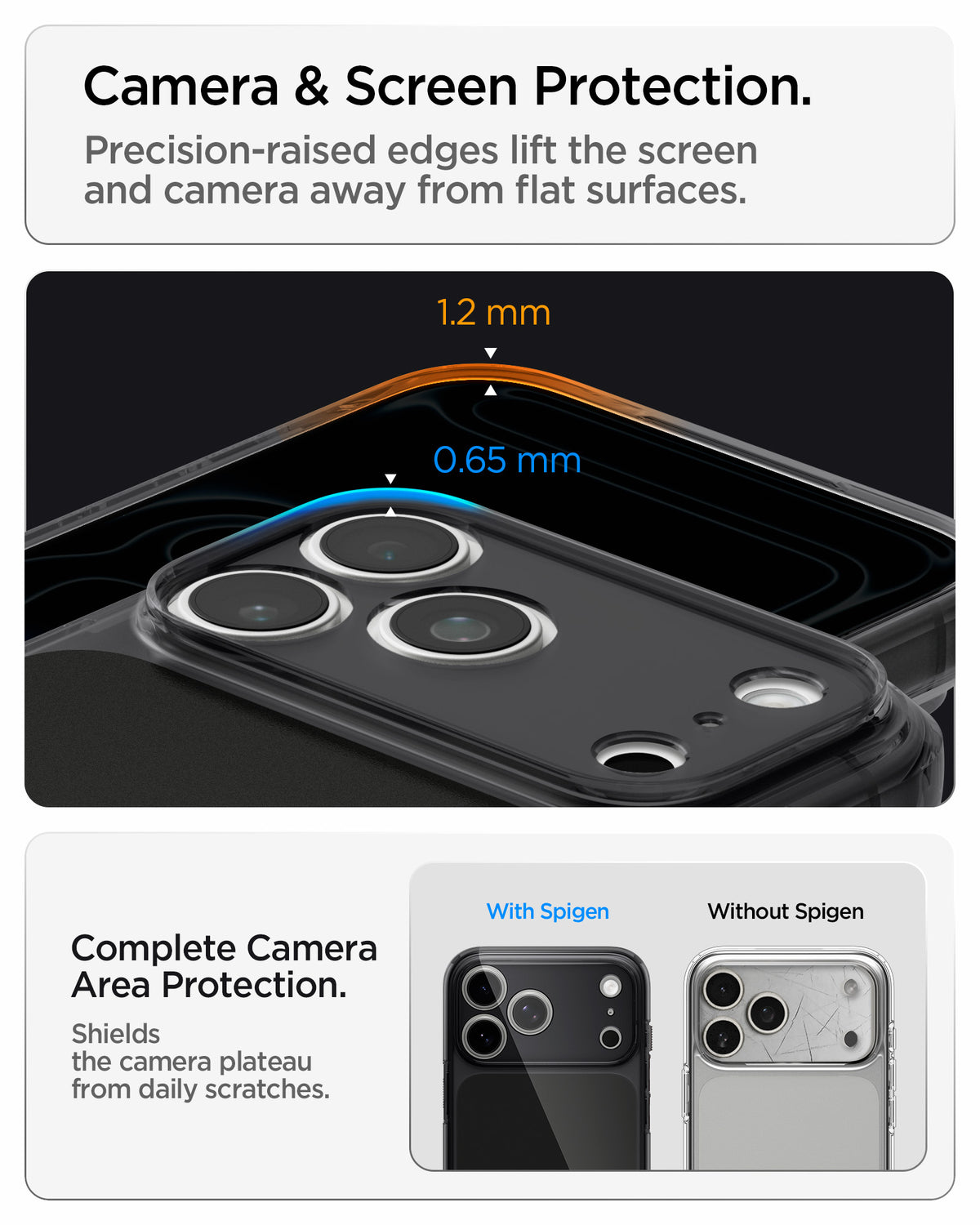 ACS10078CB - iPhone 18 Pro / iPhone 17 Pro Ultra Hybrid T (Mag Fit) in Matte Black showing raised edges around the screen and camera area for added protection against scratches and surface contact