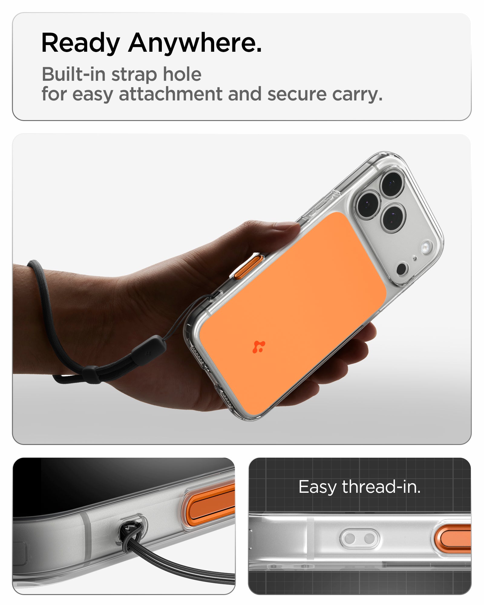 ACS10471CA - iPhone 18 Pro / iPhone 17 Pro Ultra Hybrid T (Mag Fit) in Glossy Orange showing ready anywhere. built in strap hole for easy attachment and secure carry