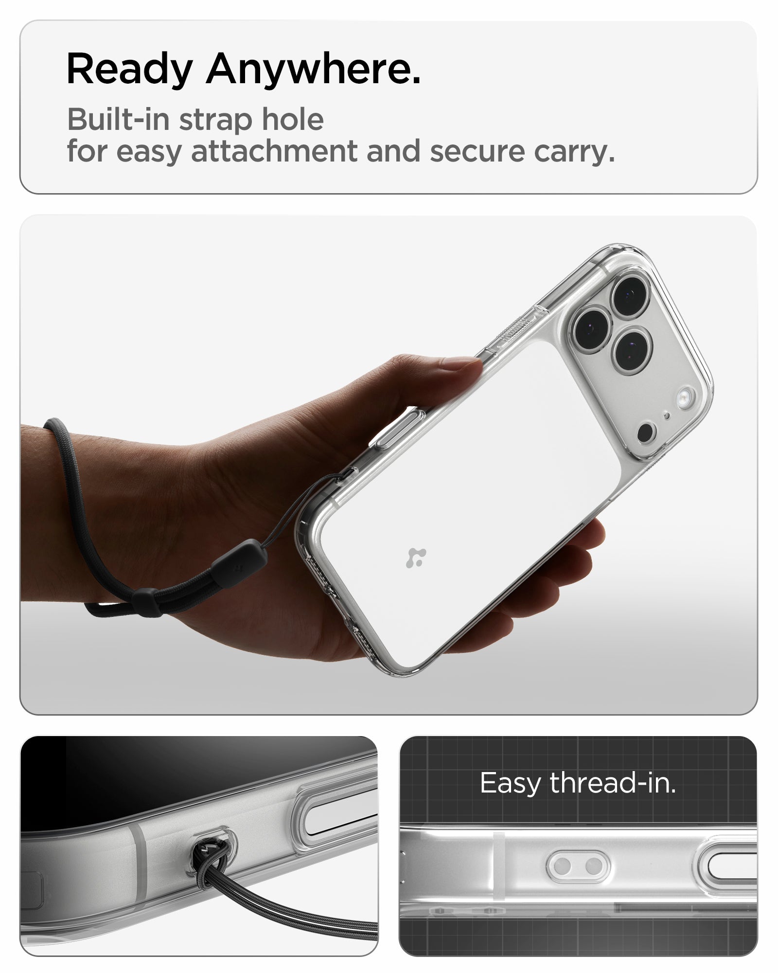  ACS10077 - iPhone 17 Pro Ultra Hybrid T (MagFit) in Glossy White showing ready anywhere. built in strap hole for easy attachment and secure carry