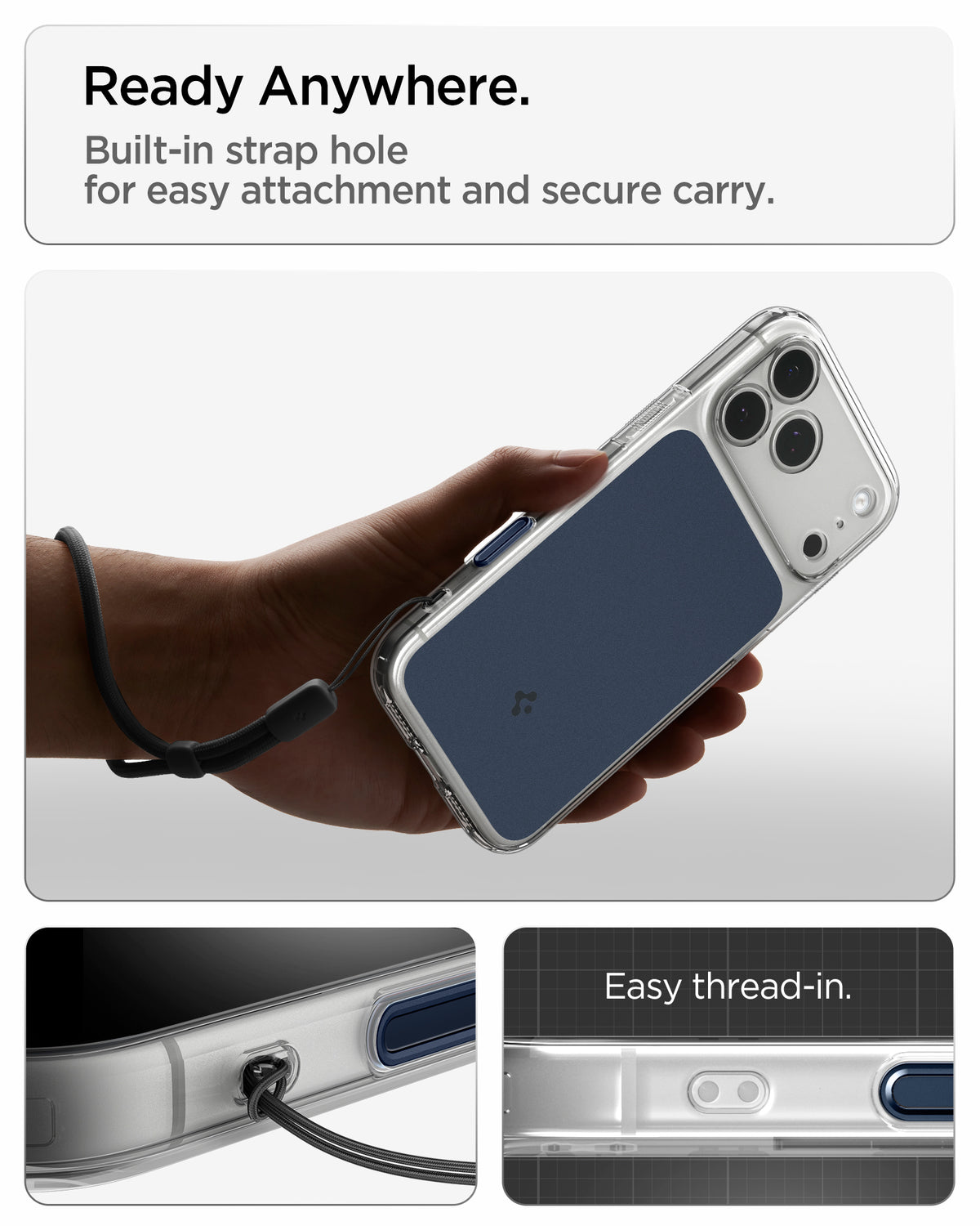 ACS10470CC - iPhone 17 Pro Ultra Hybrid T (MagFit) in Matte Blue showing ready anywhere. built in strap hole for easy attachment and secure carry