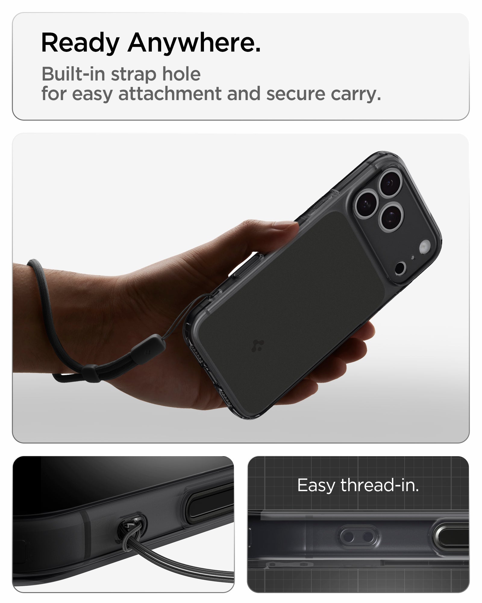 ACS10078CB - iPhone 18 Pro / iPhone 17 Pro Ultra Hybrid T (Mag Fit) in Matte Black showing ready anywhere. built in strap hole for easy attachment and secure carry