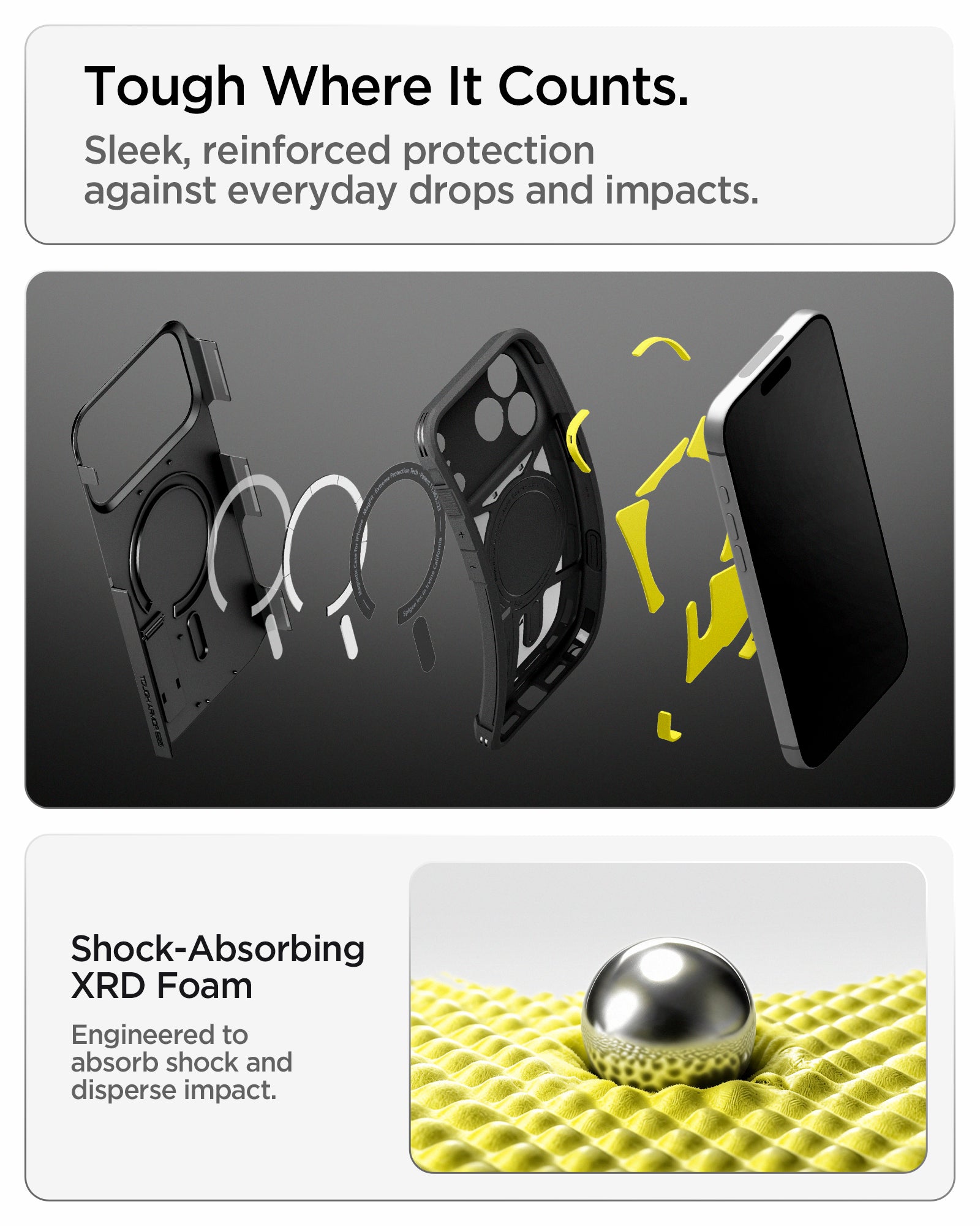 ACS09897CC - iPhone 18 Pro Max / iPhone 17 Pro Max Tough Armor T Mag Fit Black showing a layered protective structure with shock-absorbing foam engineered to disperse impact