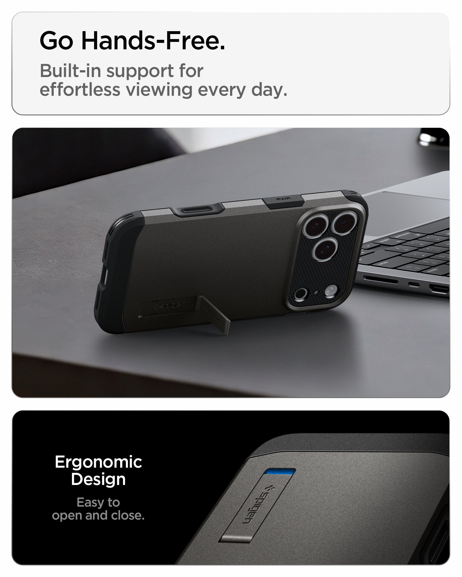 ACS09898CA - iPhone 18 Pro Max / iPhone 17 Pro Max Tough Armor T Mag Fit Gunmetal showing the integrated kickstand for hands-free viewing with an ergonomic open-and-close design
