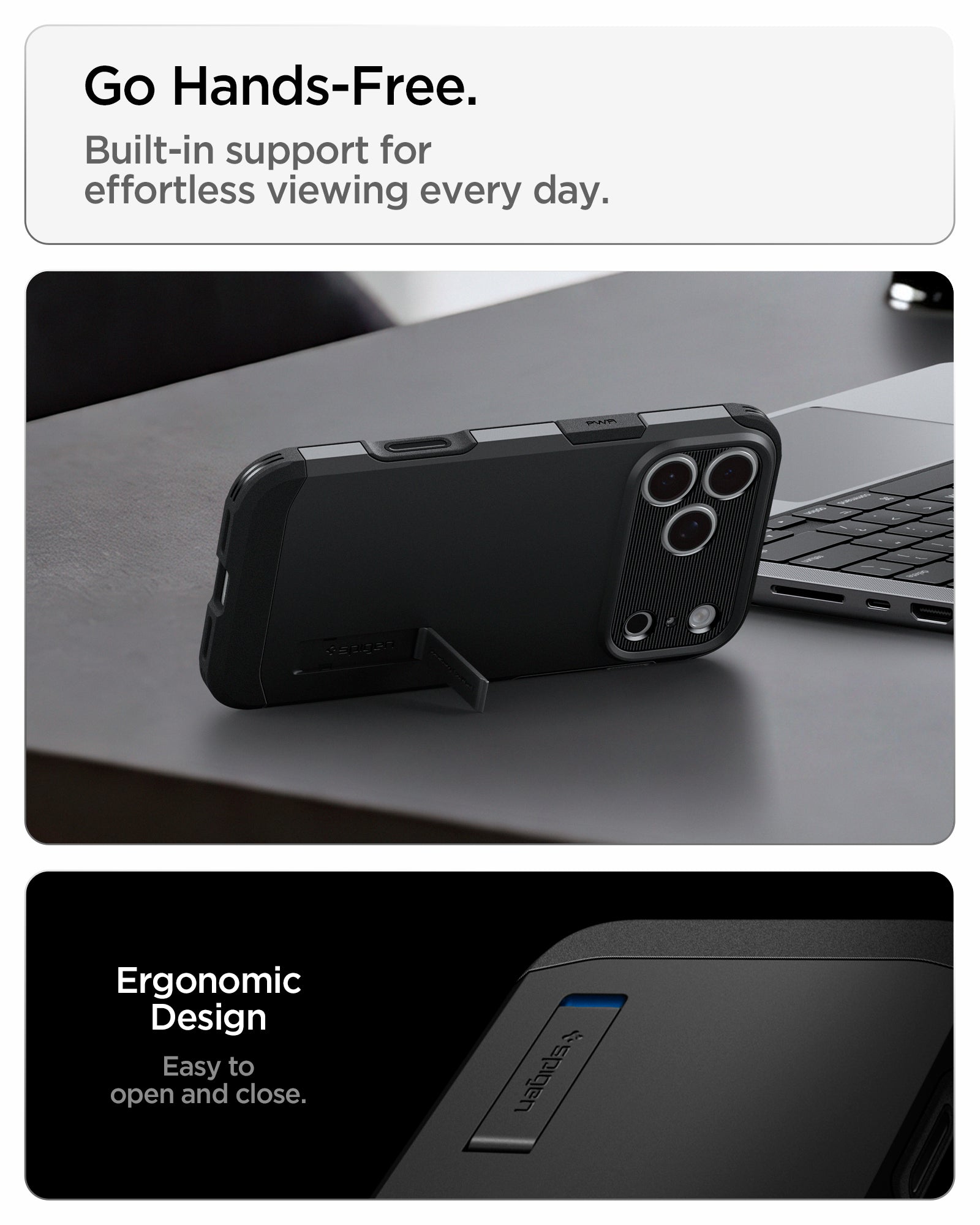 ACS09897CC - iPhone 18 Pro Max / iPhone 17 Pro Max Tough Armor T Mag Fit Black showing the integrated kickstand for hands-free viewing with an ergonomic open-and-close design