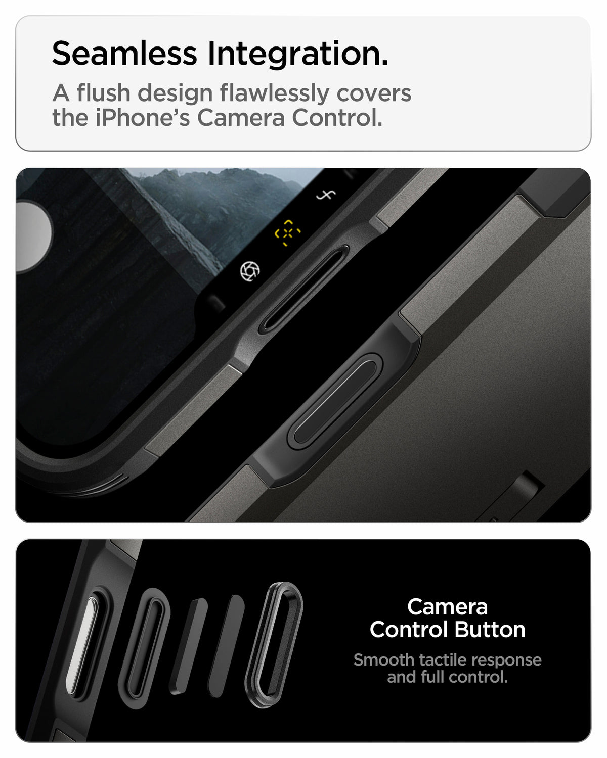 ACS09898CA - iPhone 18 Pro Max / iPhone 17 Pro Max Tough Armor T Mag Fit Gunmetal showing a flush camera control button design for smooth tactile response and full control
