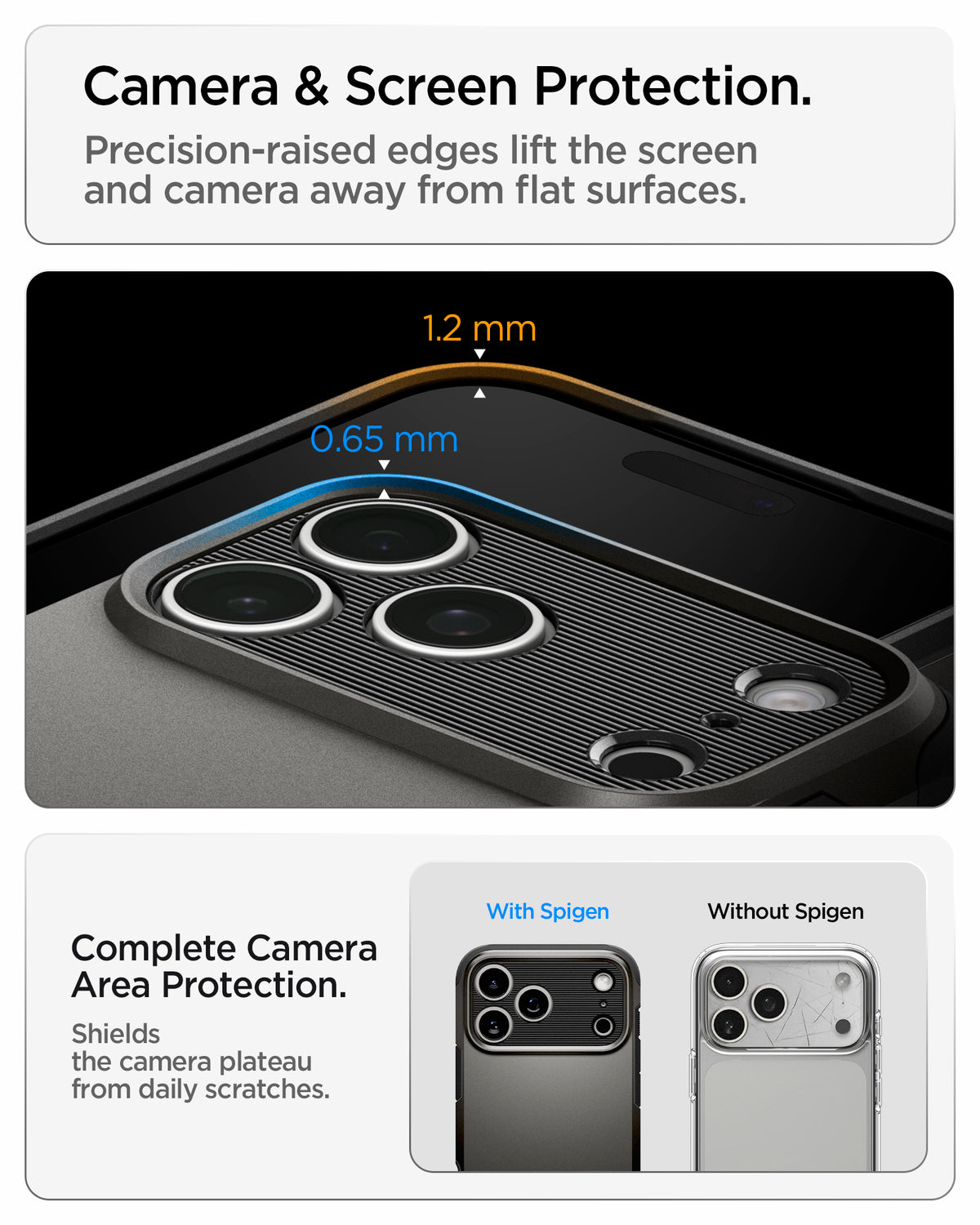 ACS09898CA - iPhone 18 Pro Max / iPhone 17 Pro Max Tough Armor T Mag Fit Gunmetal showing raised screen and camera edges designed to protect against scratches and contact with flat surfaces