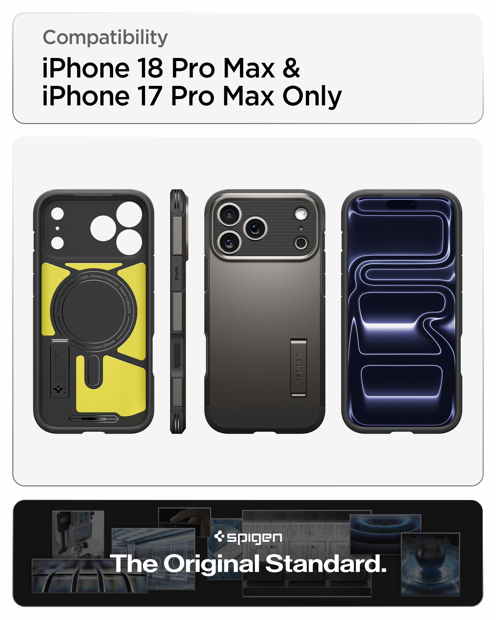 ACS09898CA - iPhone 18 Pro Max / iPhone 17 Pro Max Tough Armor T Mag Fit Gunmetal showing multiple views of the case highlighting its rugged construction, magnetic design, and integrated kickstand