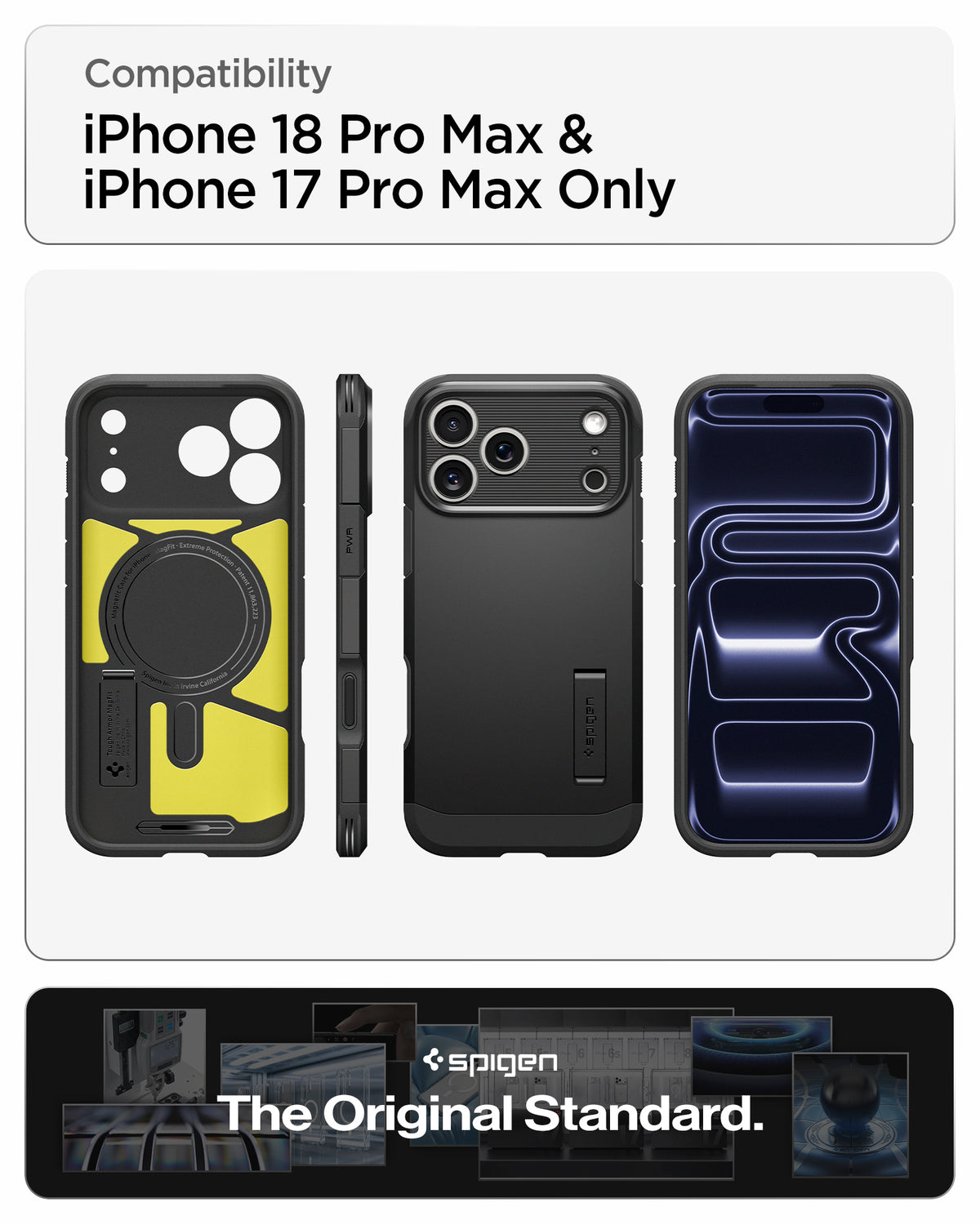 ACS09897CC - iPhone 18 Pro Max / iPhone 17 Pro Max Tough Armor T Mag Fit Black showing multiple views of the case highlighting its rugged construction, magnetic design, and integrated kickstand