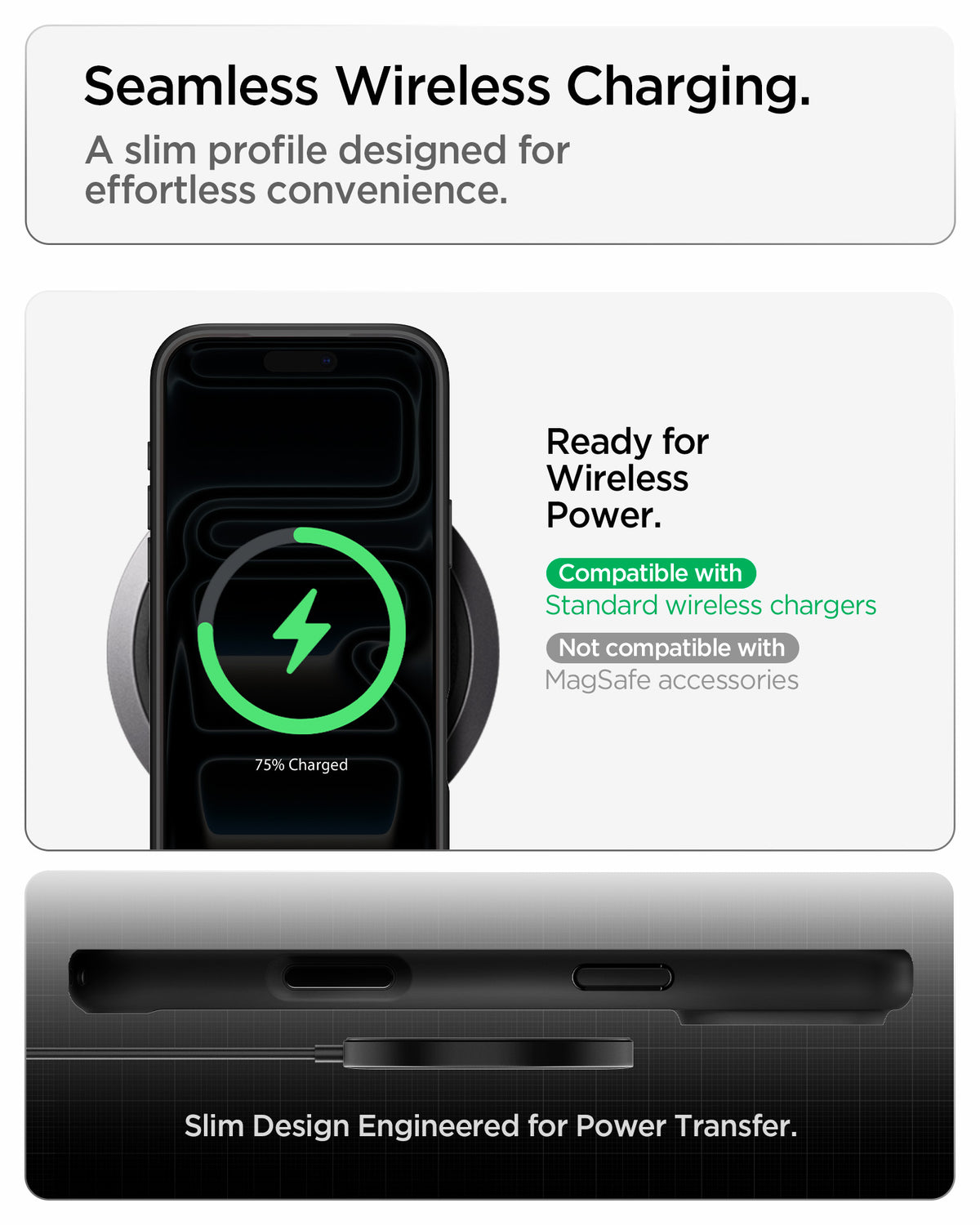 ACS10034CC - iPhone 18 Pro Max / iPhone 17 Pro Max Ultra Hybrid in Matte Black showing a slim case supporting standard wireless charging with efficient power transfer
