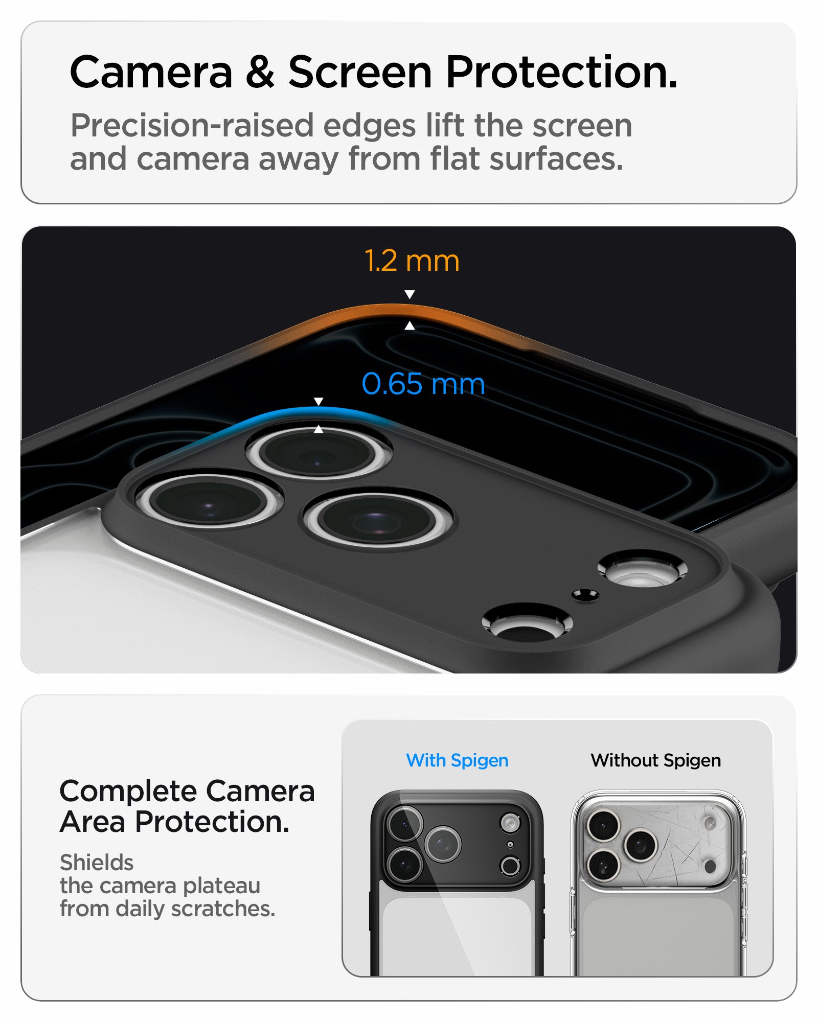 ACS10034CC - iPhone 18 Pro Max / iPhone 17 Pro Max Ultra Hybrid in Matte Black showing raised screen and camera edges designed to protect against scratches and contact with flat surfaces