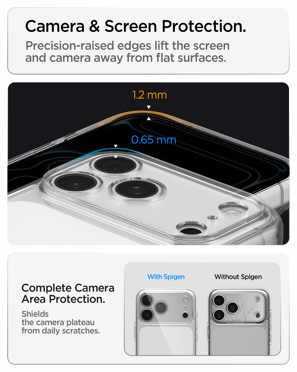 ACS10033 - iPhone 17 Pro Max Ultra Hybrid in Crystal Clear showing raised screen and camera edges designed to protect against scratches and contact with flat surfaces