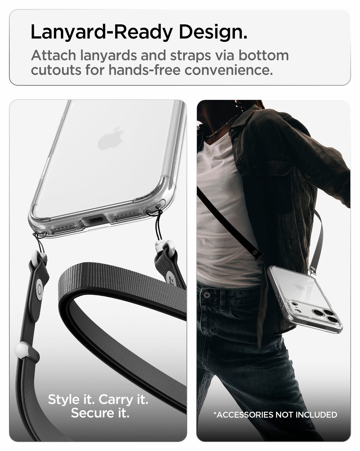 ACS10033 - iPhone 17 Pro Max Ultra Hybrid in Crystal Clear showing built-in bottom cutouts for attaching lanyards and straps for hands-free carrying