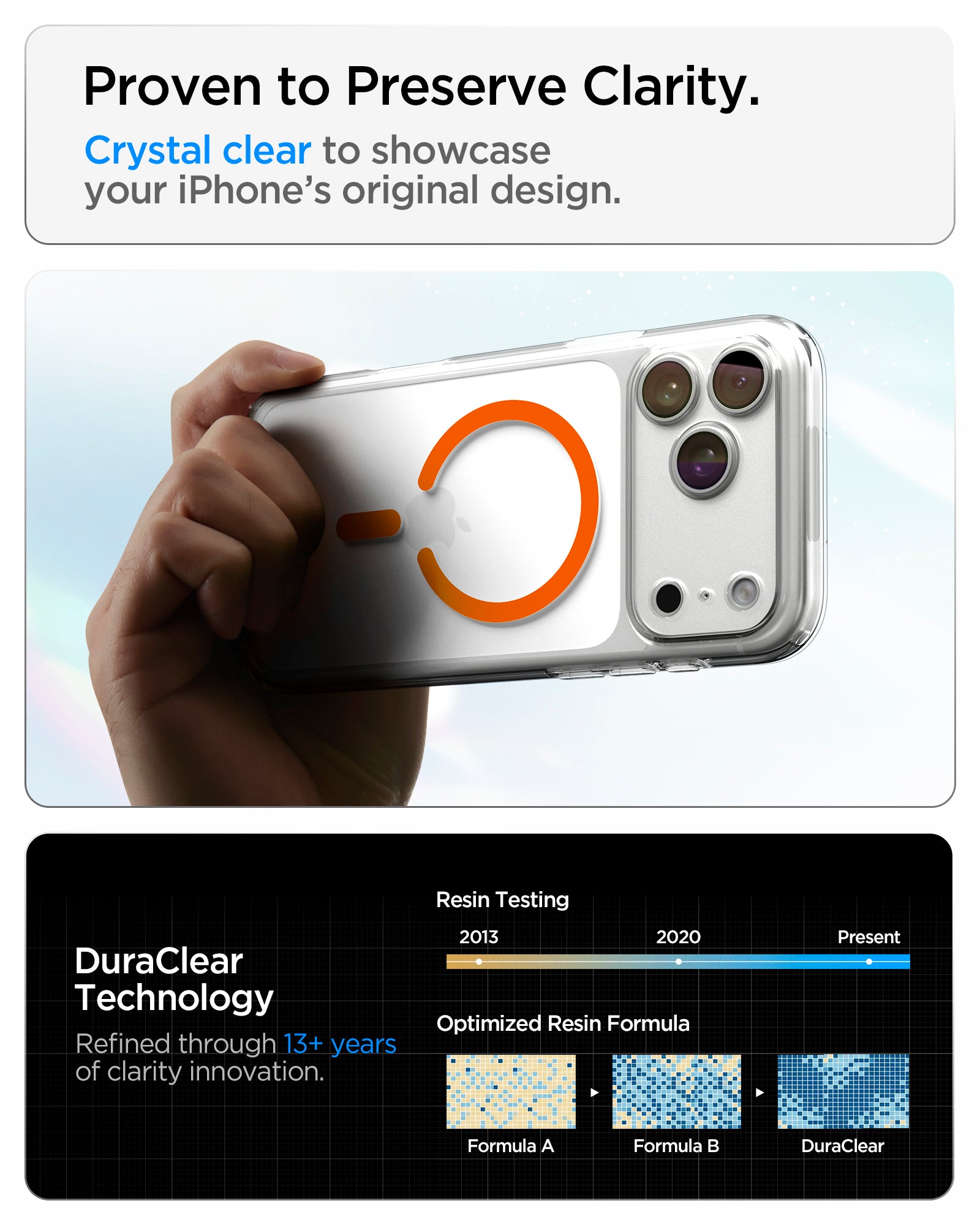 ACS11107CA - iPhone 18 Pro Max / iPhone 17 Pro Max Ultra Hybrid (MagFit) in Clear Orange showing crystal-clear transparency and long-term clarity supported by DuraClear Technology