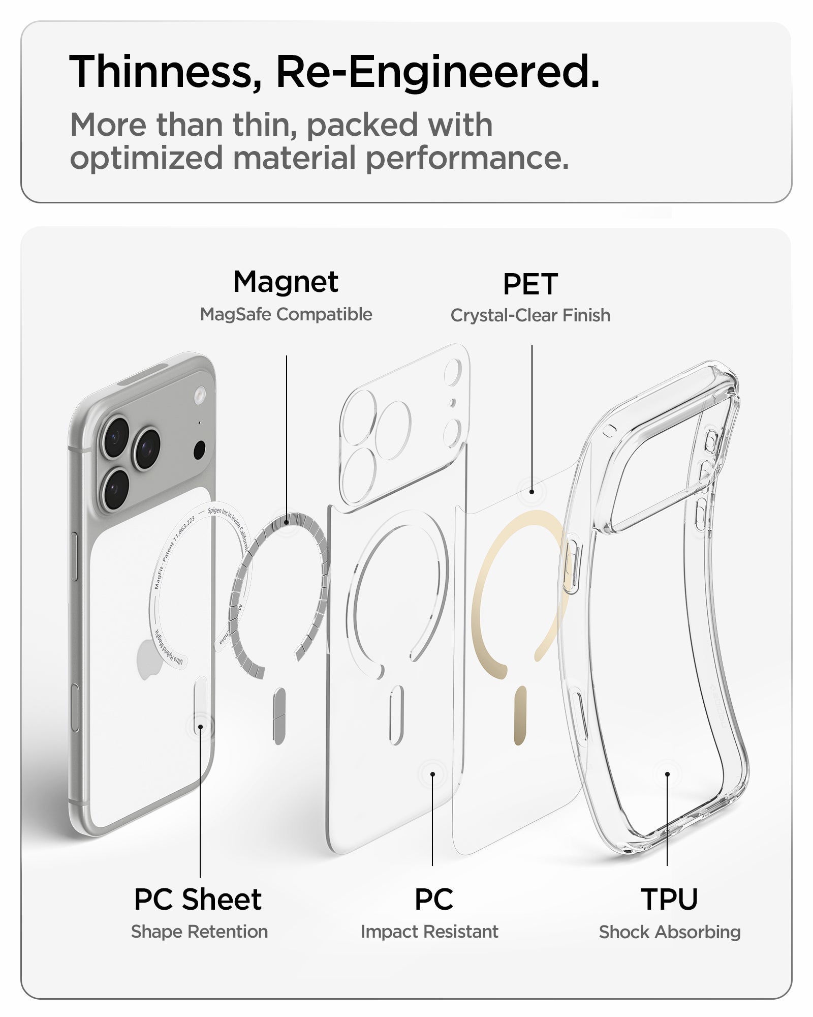ACS10037CA - iPhone 17 Pro Max Ultra Hybrid (MagFit) in Clear Gold showing a thin multi-layer construction with magnets, PET, PC, and TPU for optimized protection