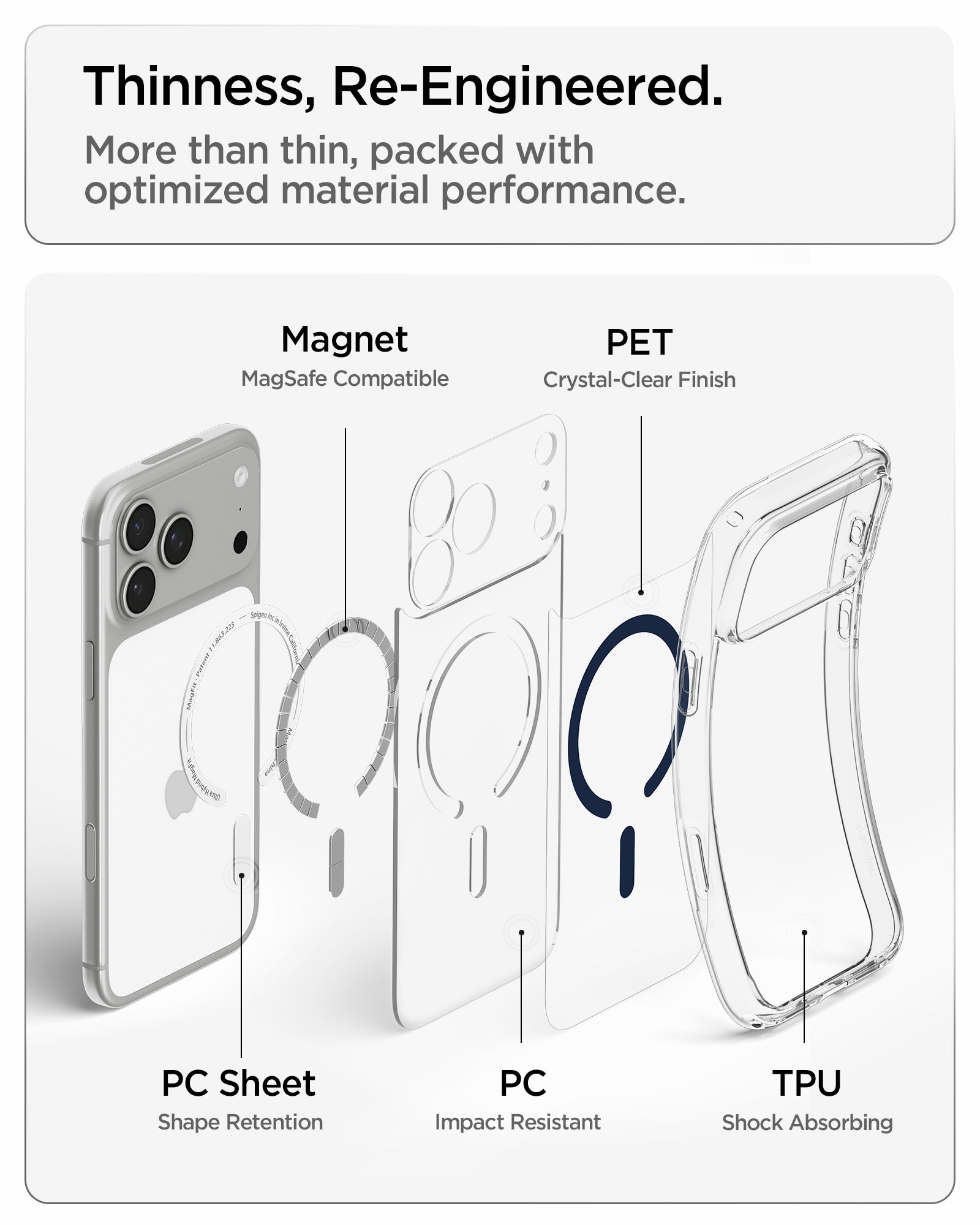 ACS10953 - iPhone 17 Pro Max Ultra Hybrid (MagFit) in Clear Deep Blue showing a thin multi-layer construction with magnets, PET, PC, and TPU for optimized protection