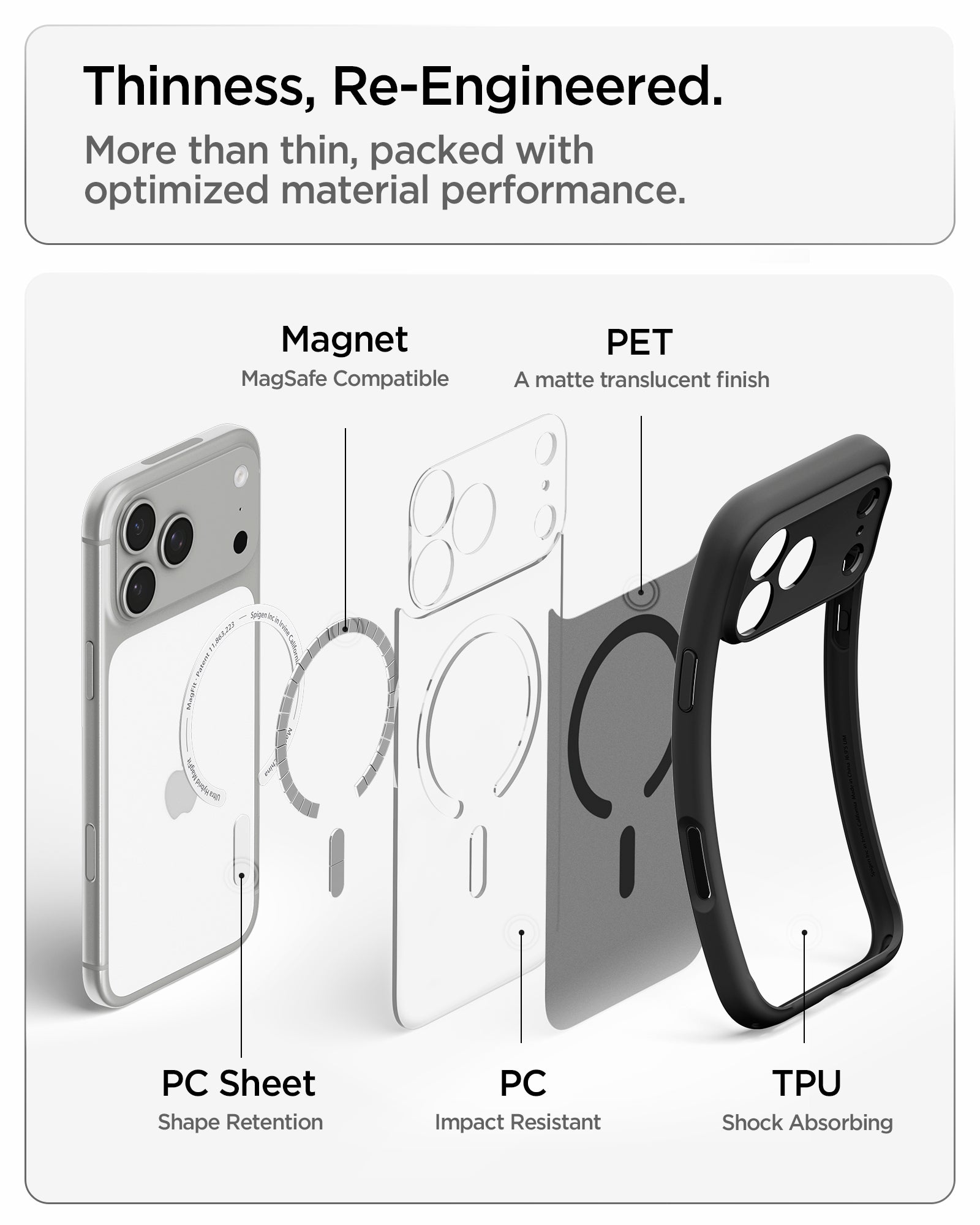 ACS10038 - iPhone 18 Pro Max / iPhone 17 Pro Max Ultra Hybrid (MagFit) in Frost Black showing an exploded view of layered materials including magnets, rigid panels, and shock-absorbing edges