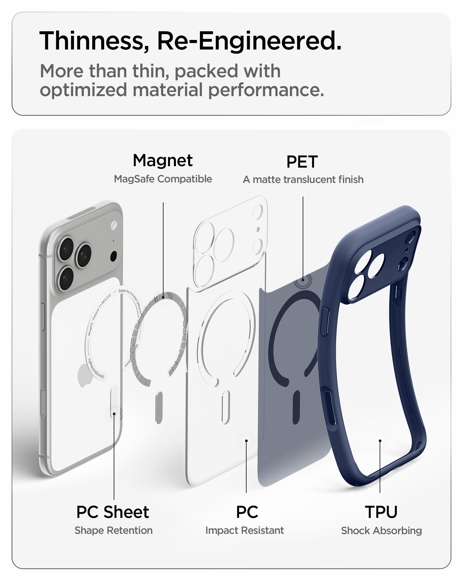 ACS11911 - iPhone 18 Pro Max / iPhone 17 Pro Max Ultra Hybrid (MagFit) in Frost Deep Blue showing an exploded view of layered materials including magnets, rigid panels, and shock-absorbing edges
