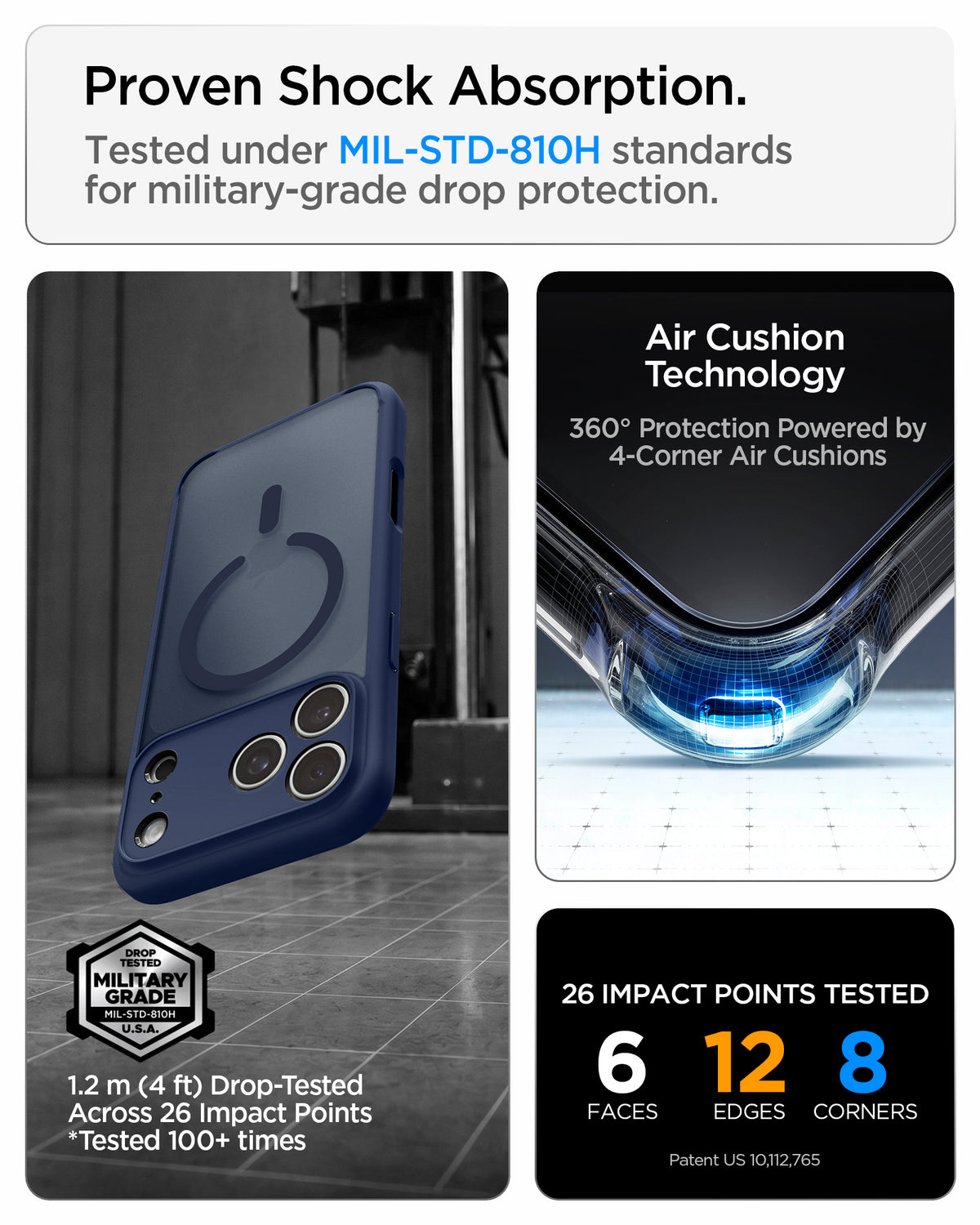 ACS11911 - iPhone 18 Pro Max / iPhone 17 Pro Max Ultra Hybrid (MagFit) in Frost Deep Blue showing military-grade drop protection with Air Cushion Technology and reinforced corner impact absorption