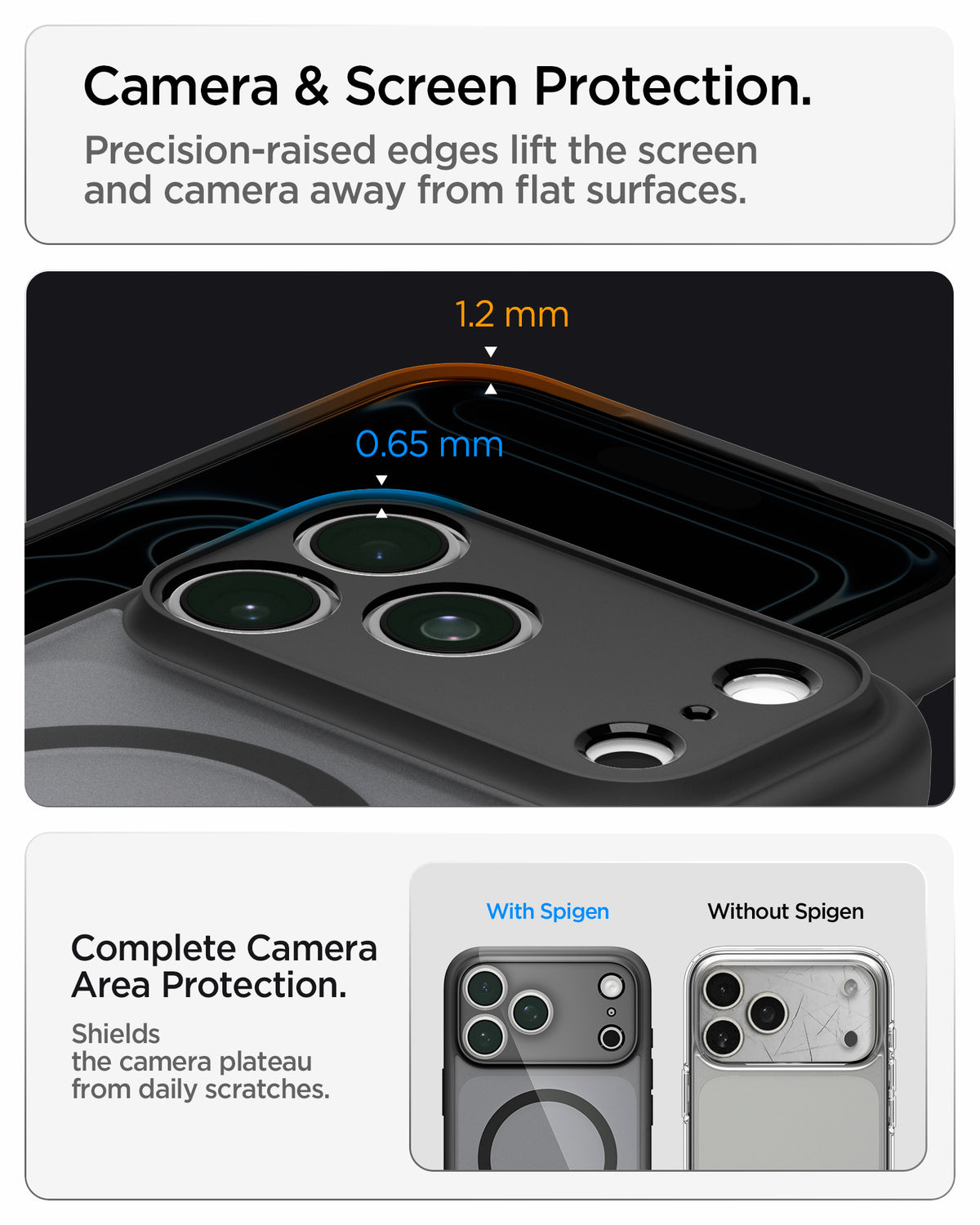 ACS10038 - iPhone 18 Pro Max / iPhone 17 Pro Max Ultra Hybrid (MagFit) in Frost Black showing raised edges around the screen and camera area for added protection against scratches and surface contact