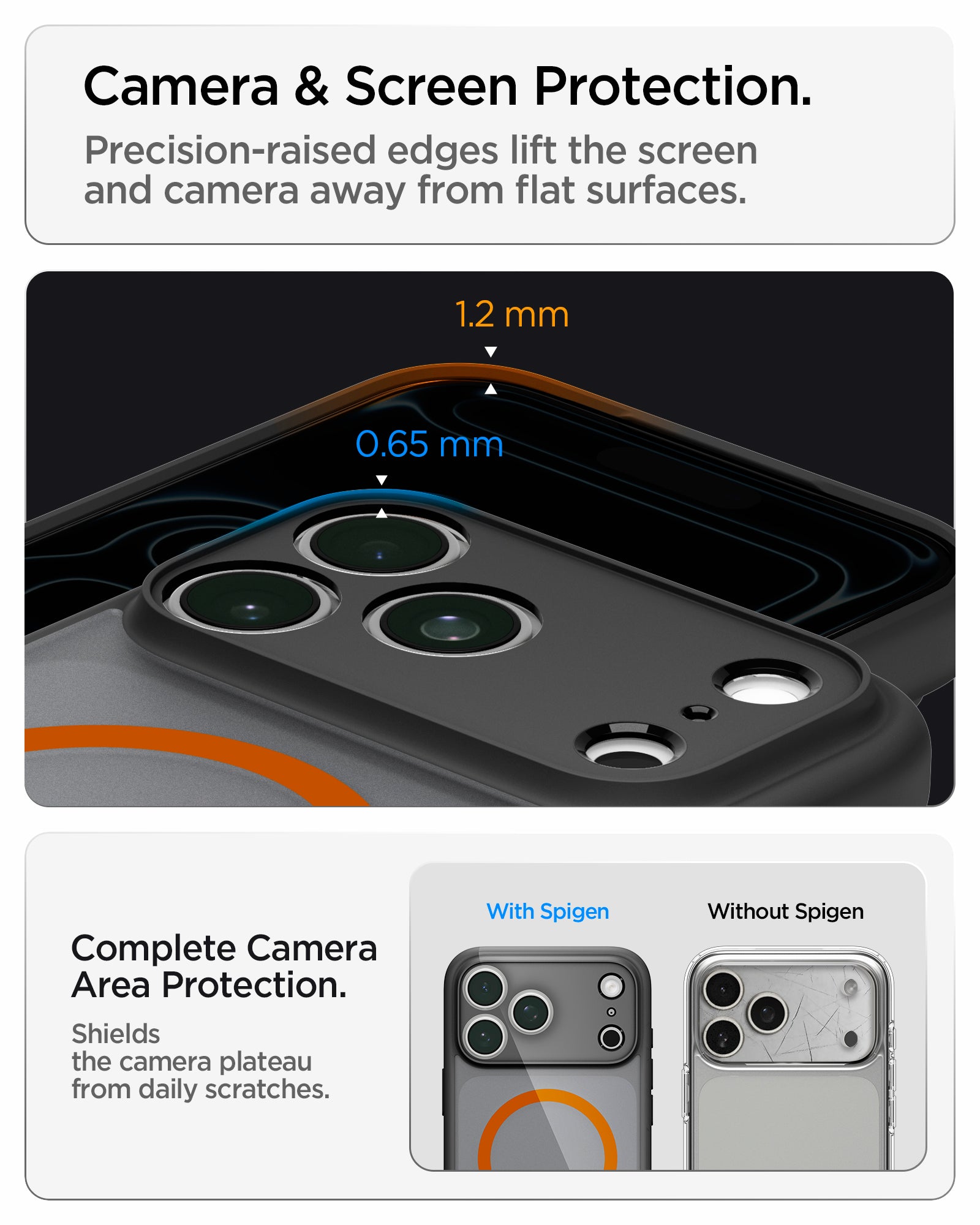 ACS10480 - iPhone 18 Pro Max / iPhone 17 Pro Max Ultra Hybrid (MagFit) in Frost Black Orange showing raised edges around the screen and camera area for added protection against scratches and surface contact