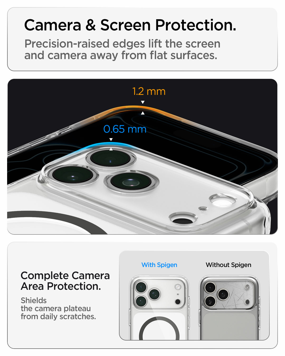 ACS10036CA - iPhone 18 Pro Max / iPhone 17 Pro Max Ultra Hybrid (MagFit) in Clear Graphite showing raised edges around the screen and camera area for added protection against scratches