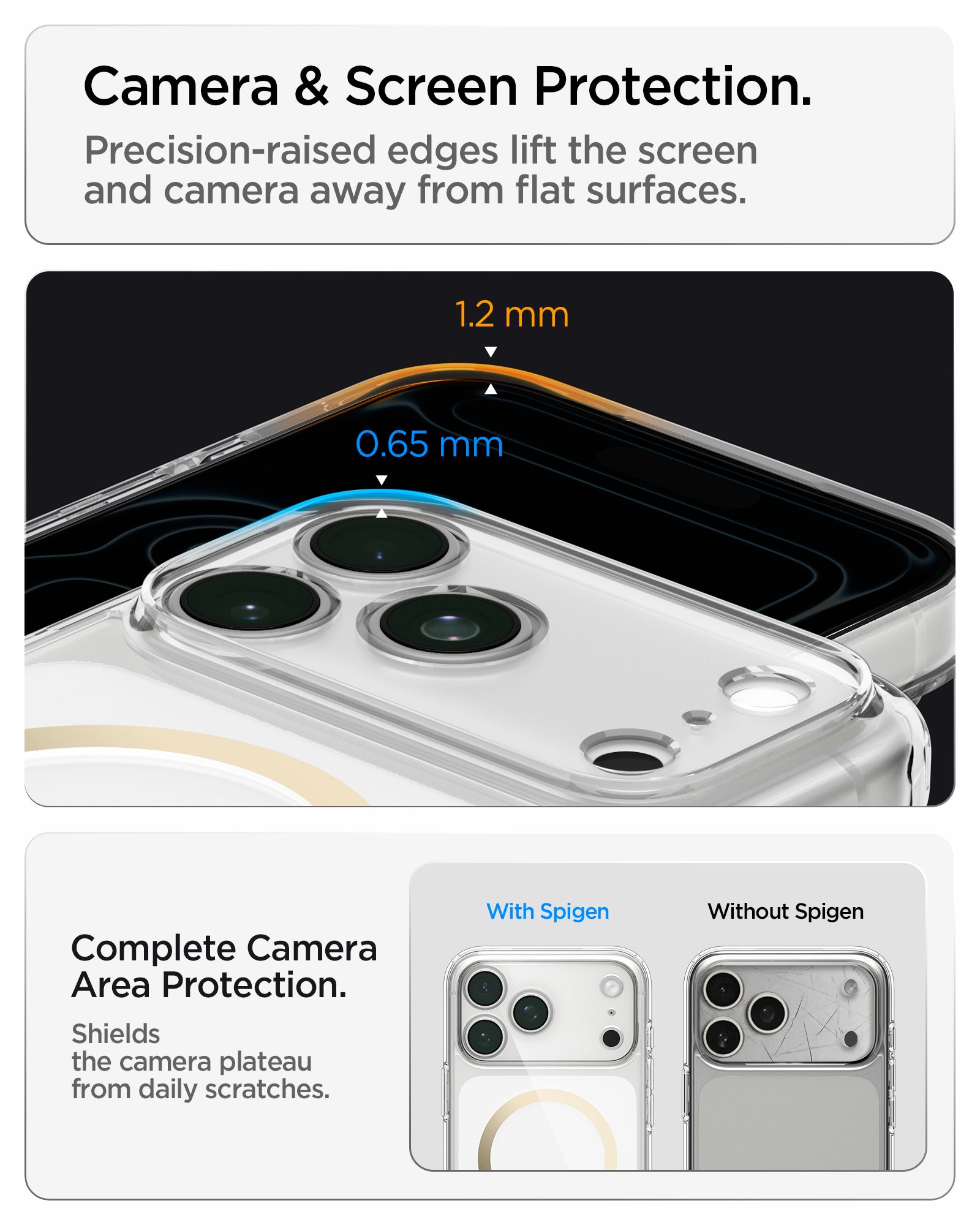 ACS10037CA - iPhone 17 Pro Max Ultra Hybrid (MagFit) in Clear Gold showing raised edges around the screen and camera area for added protection against scratches