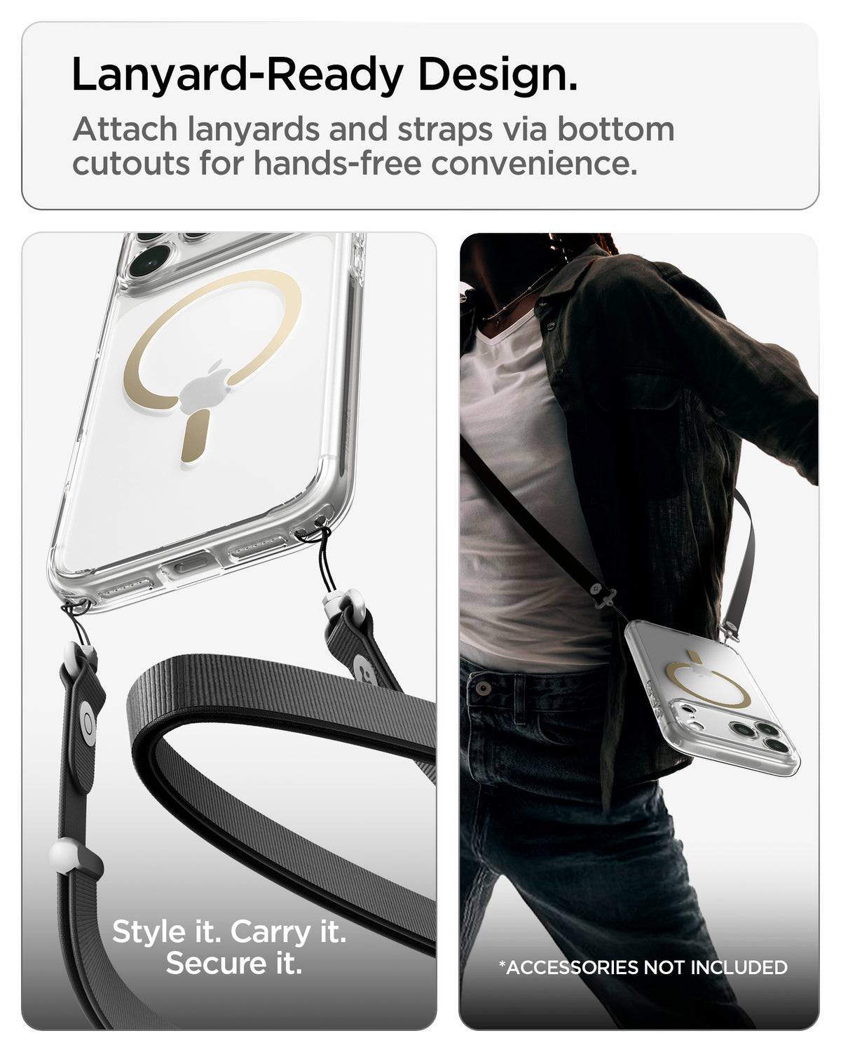 ACS10037CA - iPhone 17 Pro Max Ultra Hybrid (MagFit) in Clear Gold showing bottom lanyard cutouts for attaching straps and hands-free carrying convenience