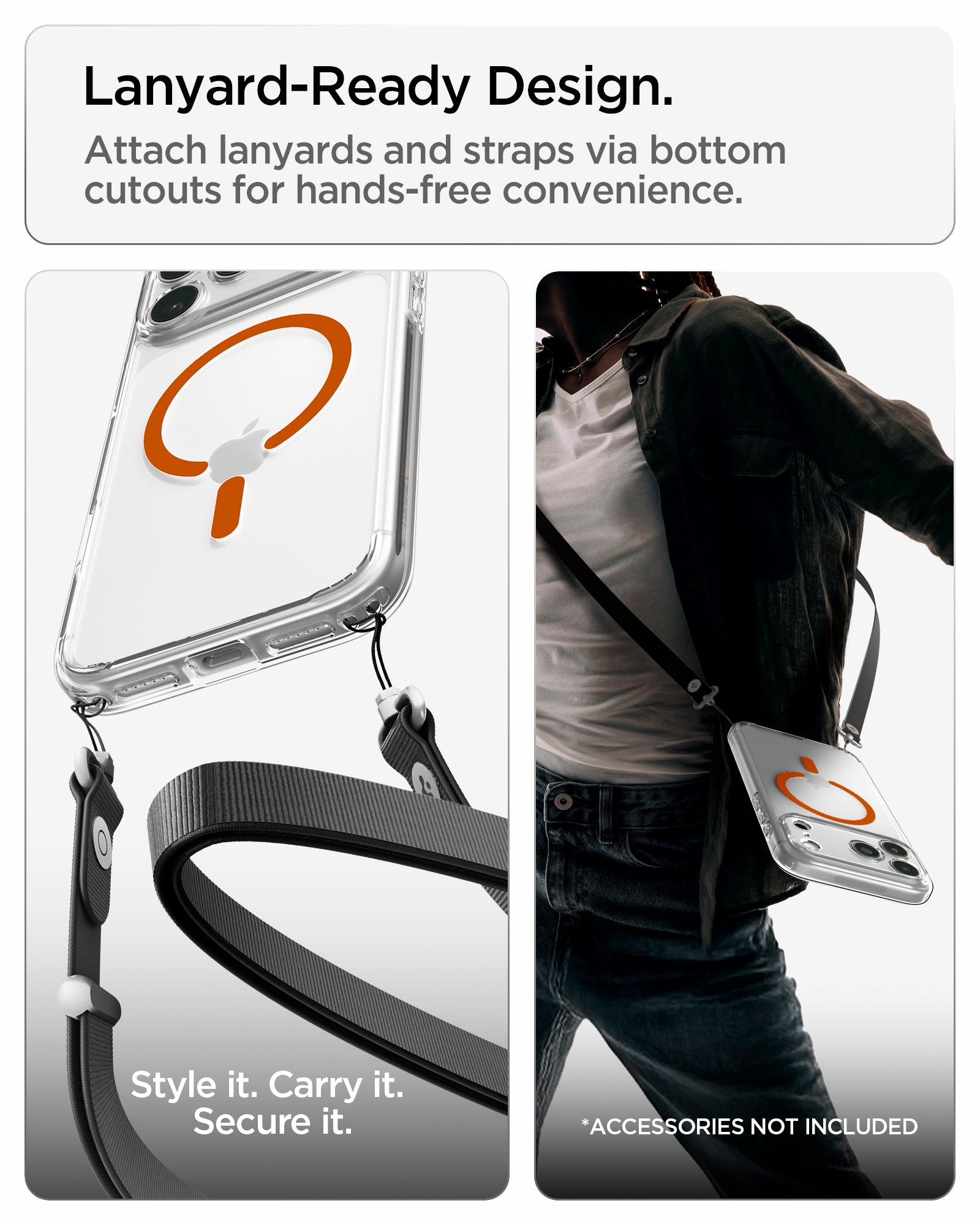 ACS11107CA - iPhone 18 Pro Max / iPhone 17 Pro Max Ultra Hybrid (MagFit) in Clear Orange showing bottom lanyard cutouts for attaching straps and hands-free carrying convenience