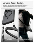 ACS10038 - iPhone 18 Pro Max / iPhone 17 Pro Max Ultra Hybrid (MagFit) in Frost Black showing built-in bottom cutouts for attaching lanyards and straps for hands-free carrying