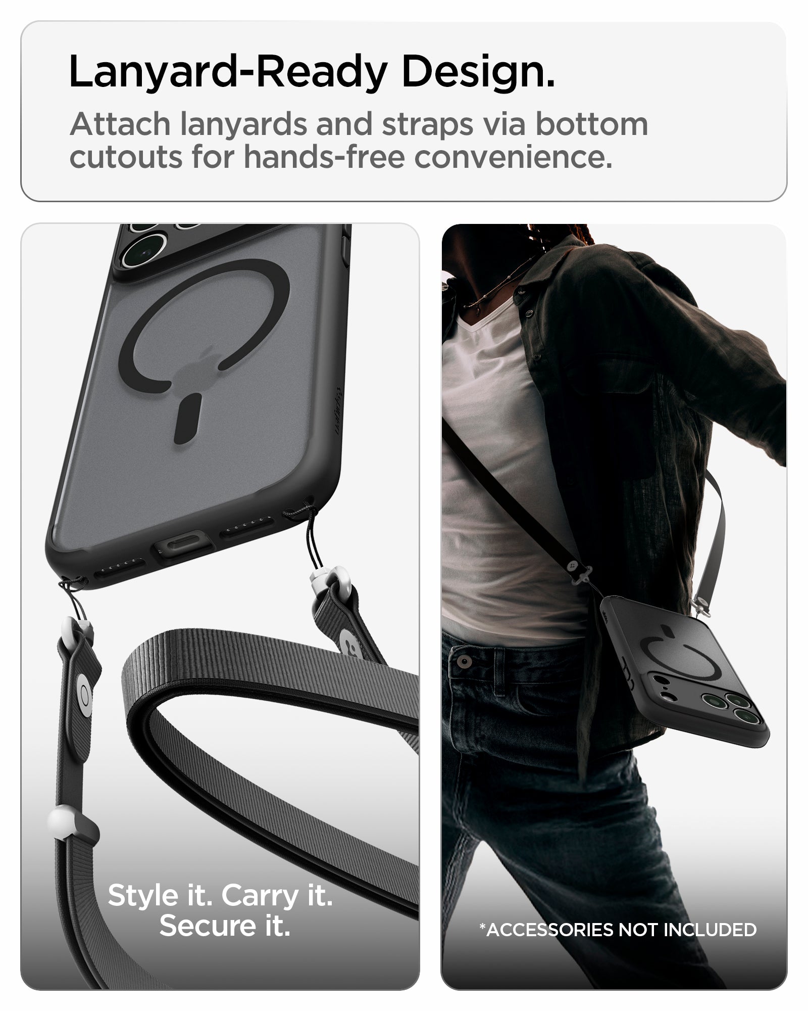 ACS10038 - iPhone 18 Pro Max / iPhone 17 Pro Max Ultra Hybrid (MagFit) in Frost Black showing built-in bottom cutouts for attaching lanyards and straps for hands-free carrying