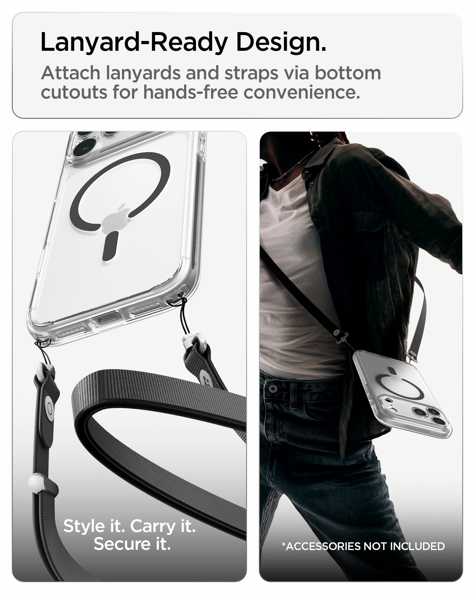 ACS10036CA - iPhone 18 Pro Max / iPhone 17 Pro Max Ultra Hybrid (MagFit) in Clear Graphite showing bottom lanyard cutouts for attaching straps and hands-free carrying convenience