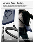ACS11911 - iPhone 18 Pro Max / iPhone 17 Pro Max Ultra Hybrid (MagFit) in Frost Deep Blue showing built-in bottom cutouts for attaching lanyards and straps for hands-free carrying